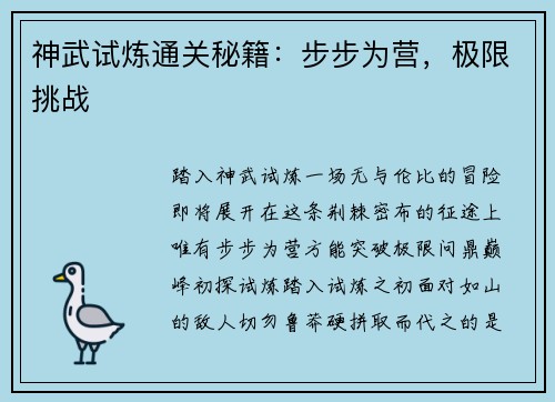 神武试炼通关秘籍：步步为营，极限挑战